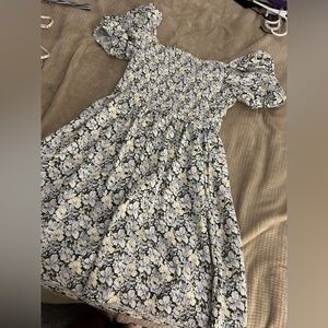 H&M Floral Puff Sleeve Midi Dress - Black, White, Yellow